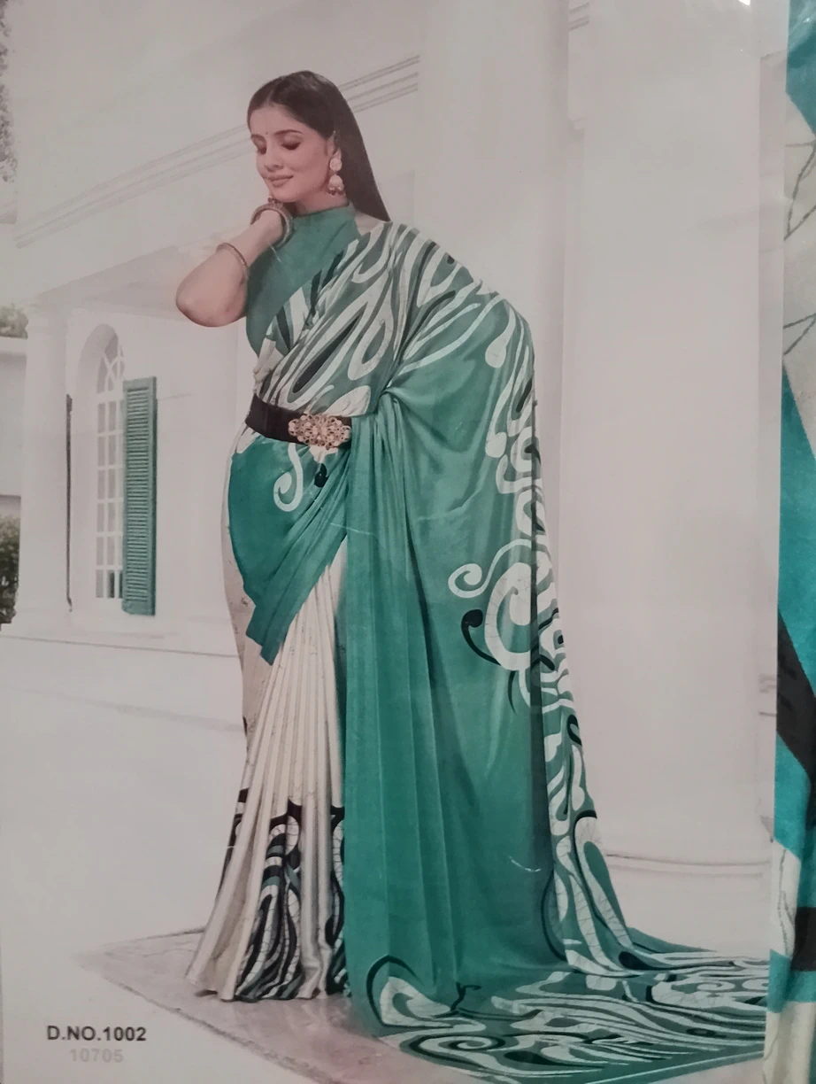Silk Cotton Modern Swirl Print Saree - Green Cream Mix
